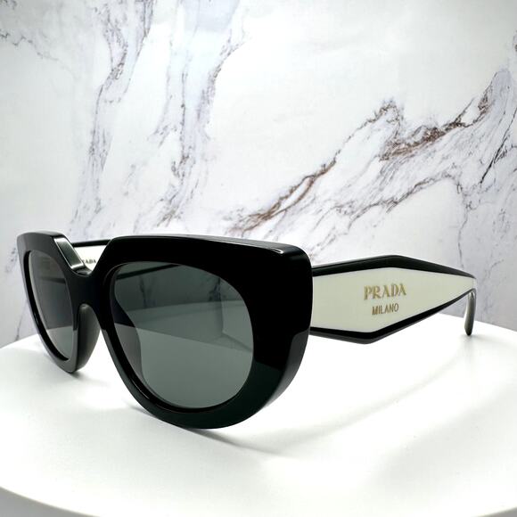 New PRADA Sunglasses Black White Talc Gold Symbole Oval Cat Eye Womens